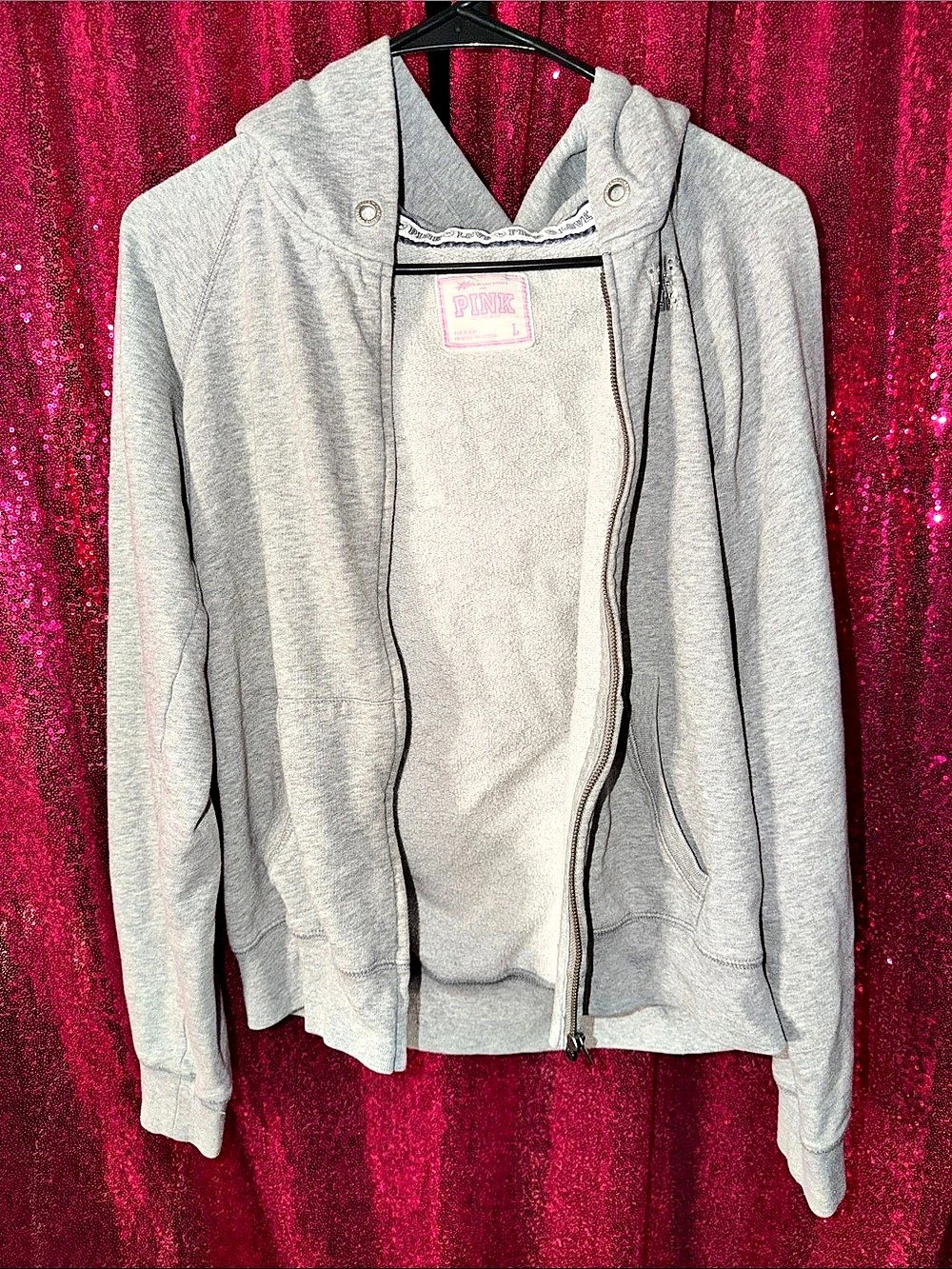 Vintage Y2K PINK Rhinestone Zip Hoodie in Gray Size Large